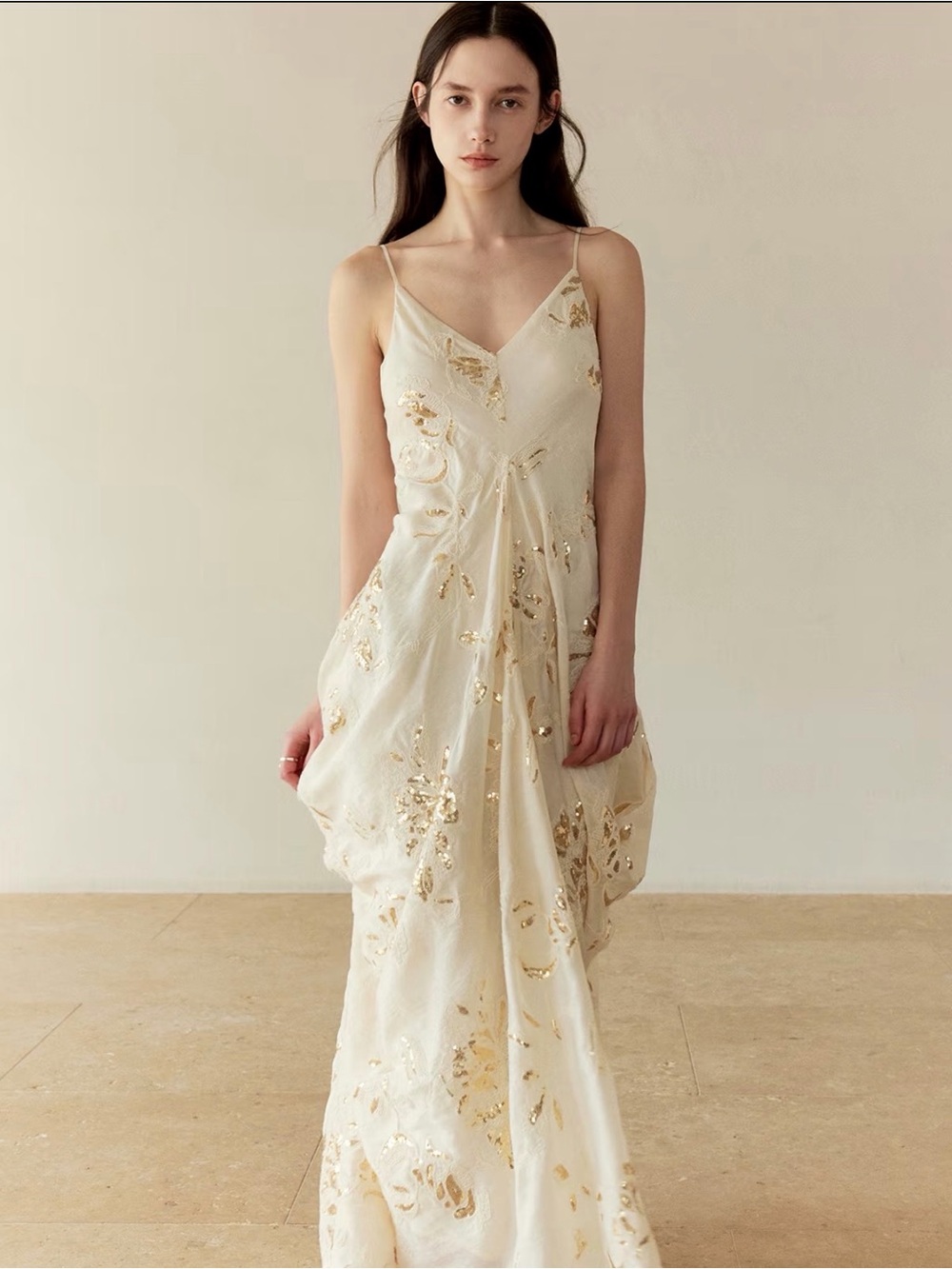 MURMUR MI Tencel Linen Blend V-Neck Draped Midi/Maxi Dress